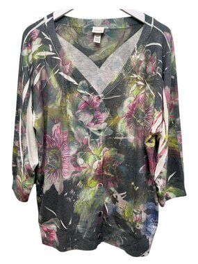 VENEZIA Cardigan Size 22/24 Plus Size Green Watercolor Floral Light Sweater